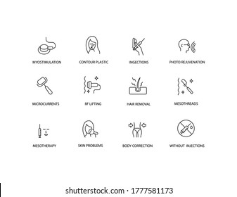 Cosmetology procedures simple thin line icon set vector illustration.Myostimulation, contour plastic, ingections, photo rejuvenation, microcurrents, RF lifting, hair removal, mesothreads, mesotherapy.