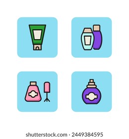 Cosmetology products line icon set. Hair shampoo hair balsam, mascara and fragrant perfume. Cosmetic concept. Can be used for topics like shopping and cosmetics store