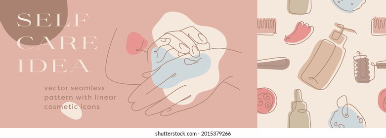 Cosmetology seamless pattern. Beauty background. Female hand care illustration in minimal linear style. Vector silhouette of hands for cosmetics label design, hand cream packaging. Natural tone hue.