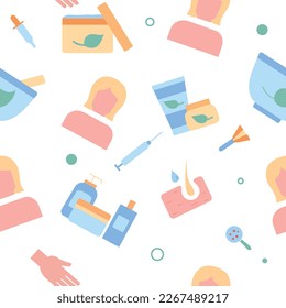 Cosmetology seamless pattern color. Repeating design element for printing on fabric. Beauty and skin care, fight against black spots and wrinkles. Cream and syringe. Cartoon flat vector illustration