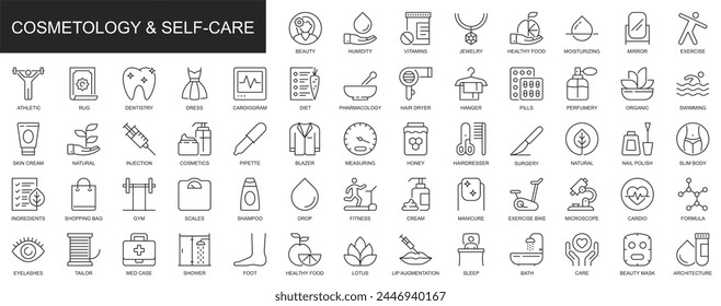 Cosmetology and self care web icons set in thin line design. Pack of beauty, vitamin, jewelry, healthy food, moisturizing, dentistry, fitness, other outline stroke pictograms. Vector illustration.