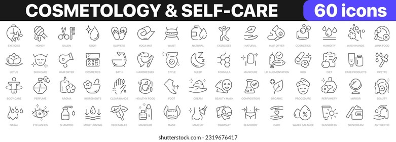 Sammlung von Symbolen für Kosmetologie und Selbstversorgung. Hautpflege, Fitness, Schönheitssymbole. UI-Icon-Set. Paket mit den Symbolen der dünnen Umrisse. Vektorgrafik EPS10