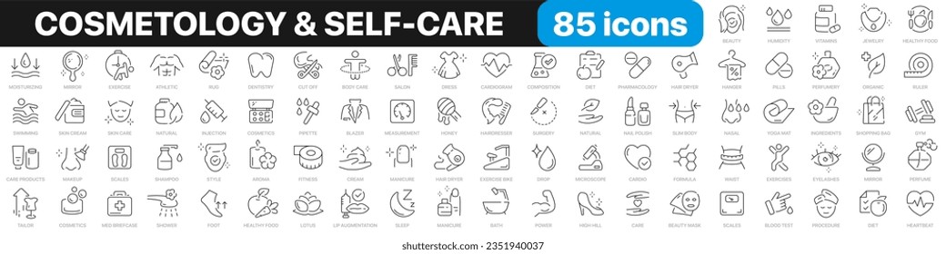 Cosmetology and self-care line icons collection. Skin care, fitness, beauty icons. UI icon set. Thin outline icons pack. Vector illustration EPS10