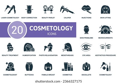 Conjunto de cosmetología. Iconos creativos: cosmetología láser, corrección corporal, salón de belleza, calibre, inyecciones, elevación de la piel, problemas de la piel, microcorrientes, tratamiento de belleza, humidificación, fotografía