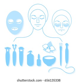 Cosmetology. Set of tools for beauty and youthful skin on white background. Vector illustration isolated and grouped for easy editing. Face, mask, brush, cream, cleansing, massage