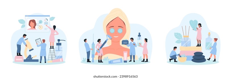 Cosmetology set vector illustration. Cartoon tiny cosmetologists using beauty injection and skincare cream, gua sha and massage roller, aromatherapy, scientists research cosmetic product in bottle