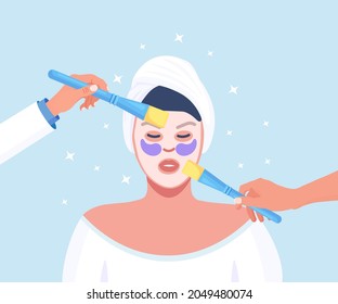 Cosmetology. Skin Care and Anti-age Treatment Procedure. Acne Pore Cleaning, Salon Treatment. Blackhead Removal. Beautician Applies a Purifying Facial Mask to a Female Face. Vector Illustration