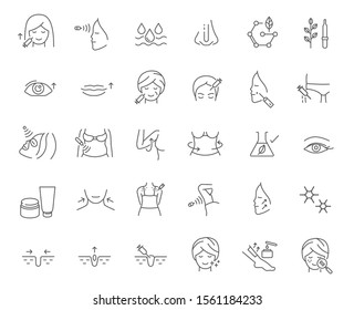 cosmetology, skin care, body care, anti-aging procedure, beauty therapy line icon set 