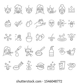 Cosmetology and skincare, isolated icons vector. Beauty therapy, bodycare and healthcare, wellness and treatment linear symbols. Mask and massage, cream and injections, manicure and rejuvenation