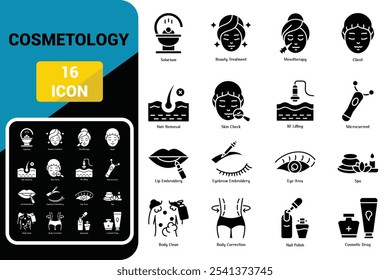 Cosmetologia conjunto de ícones sólidos. coleção de vetores de ícones.