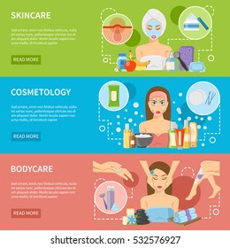 Cosmetology and spa procedures horizontal banners with skincare and bodycare design compositions flat vector illustration