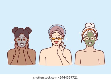 Cosmetology and SPA procedures for two women and man making rejuvenating masks from clay and cream. Happy people use lotions or patches to remove dark circles under eyes visiting SPA center