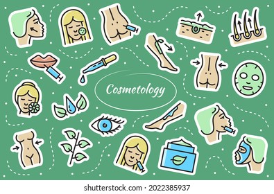 Cosmetology symbols set. Skin care, body weight, epilation, injections. Simple vector signs.