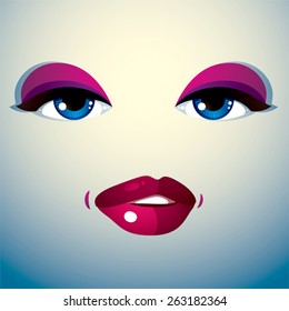 Cosmetology theme image. Young pretty lady. Human eyes and lips reflecting a facial expression, doubt.