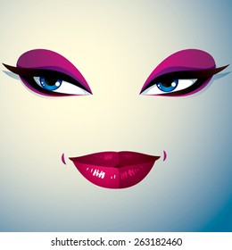 Cosmetology theme image. Young pretty lady. Human eyes and lips reflecting a facial expression, passion.