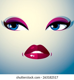 Cosmetology theme image. Young pretty lady. Human eyes and lips reflecting a facial expression, sadness.