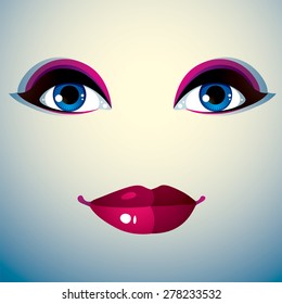 Cosmetology theme image. Young pretty lady. Human eyes and lips reflecting a facial expression