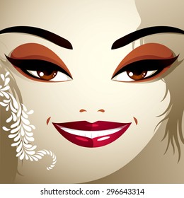 Cosmetology theme image. Young pretty lady with fashionable haircut. Human eyes, lips and eyebrows reflecting a facial expression, happiness.