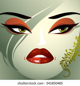 Cosmetology theme image. Young pretty lady with fashionable haircut. Human eyes, lips and eyebrows reflecting facial expression, anger and contempt.
