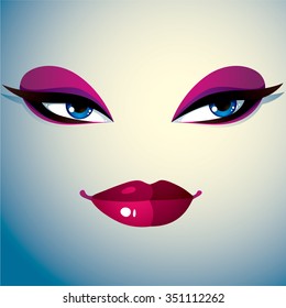 Cosmetology theme image. Young pretty lady. Human eyes and lips reflecting facial expression, doubt.