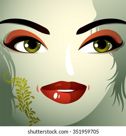 Cosmetology theme image, young pretty lady. Human eyes, lips and eyebrows reflecting facial expression, happiness.