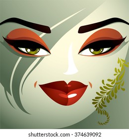 Cosmetology theme image. Young pretty lady with fashionable haircut. Human eyes, lips and eyebrows reflecting facial expression, passion.
