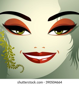Cosmetology theme image. Young pretty lady with fashionable haircut. Human eyes, lips and eyebrows reflecting facial expression, happiness.