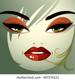 Cosmetology theme image. Young pretty lady with fashionable haircut. Human eyes, lips and eyebrows reflecting facial expression, anger. 