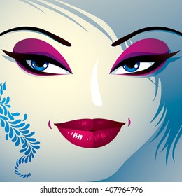 Cosmetology theme image. Young pretty lady with fashionable haircut. Human eyes, lips and eyebrows reflecting a facial expression, passion.