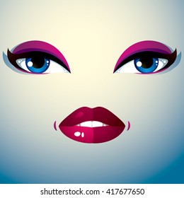 Cosmetology theme image. Young pretty lady. Human eyes and lips reflecting facial expression, sadness.