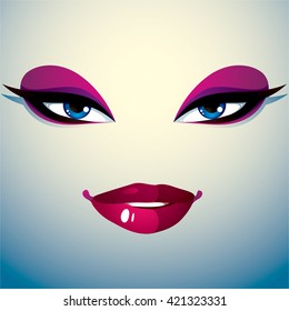 Cosmetology theme image. Young pretty lady. Human eyes and lips reflecting facial expression, doubt.
