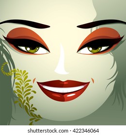 Cosmetology theme image. Young pretty lady with fashionable haircut. Human eyes, lips and eyebrows reflecting a facial expression, happiness.