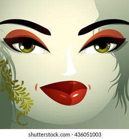 Cosmetology theme image. Young pretty lady with fashionable haircut. Human eyes, lips and eyebrows reflecting a facial expression, passion.