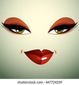 Cosmetology theme image. Young pretty lady. Human eyes and lips reflecting a facial expression, passion.