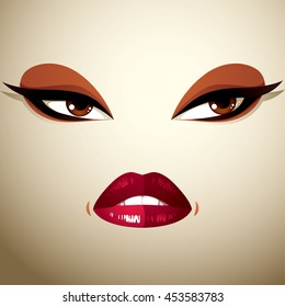 Cosmetology theme image. Young pretty lady. Human eyes and lips reflecting a facial expression, sadness.