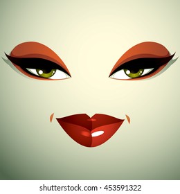 Cosmetology theme image. Young pretty lady. Human eyes and lips reflecting a facial expression, passion.