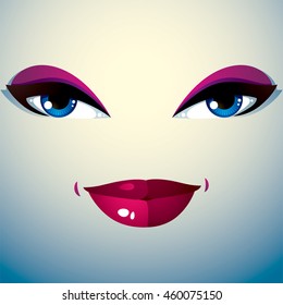 Cosmetology theme image. Young pretty lady. Human eyes and lips reflecting a facial expression, doubt.