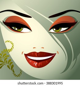 Cosmetology theme image. Young smiling pretty lady with fashionable haircut. Human eyes, lips and eyebrows reflecting facial expression, happiness.