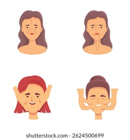 Ícones de tratamento de cosmetologia definem o vetor de desenho animado. Garota cuida do rosto. Spa e beleza