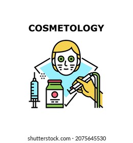 Cosmetology Vector Icon Concept. Laser Depilation, Botex Syringe And Facial Mask Cosmetology Spa Salon Treatment. Medical Or Beauty Service Therapy And Technology Color Illustration