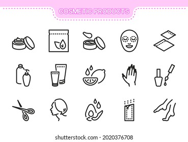 Cosmetology vector icon set. Cosmetic products line collection: face cream, mask, eye patches, probes, jars, soap, oil, lemon, avocado, manicure, nail polish, scissors, haircut, styling, hair removal