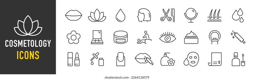 Cosmetology web icon set in line style. Cosmetics, make up, fashion, salon, bodycare, beauty therapy, collection. Vector illustration.	