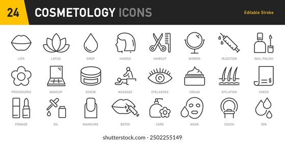 Cosmetology web icons in line style. Cosmetics, make up, fashion, salon, bodycare, beauty therapy, collection. Vector illustration.	