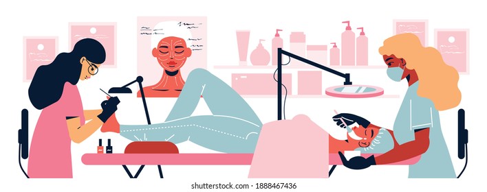 Cosmetology woman composition with view of beauty salon with two specialists performing pedicure and facial operations vector illustration