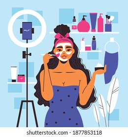 Cosmetology woman composition with view of makeup space with creams scrubs and beauty video blogger character vector illustration