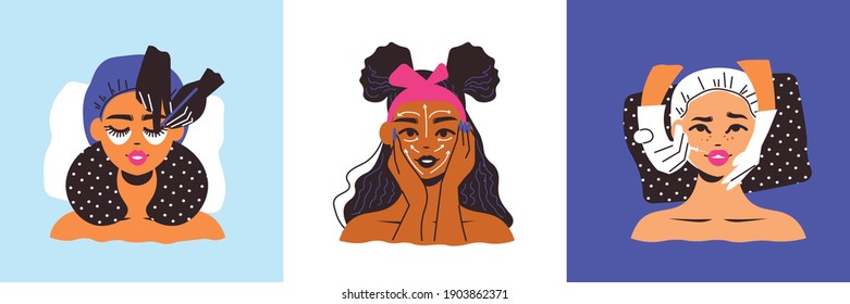 Cosmetology woman design concept with three square compositions of female faces applying masks and cosmetic injections vector illustration