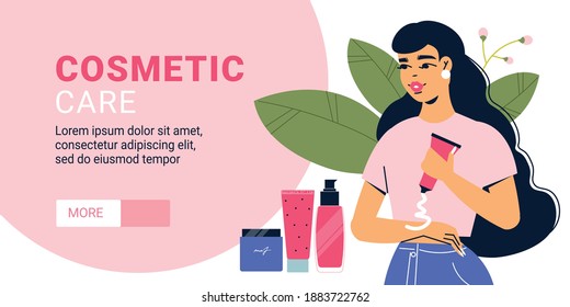 Cosmetology woman horizontal banner with editable text button and female character with cosmetic products cream tubes vector illustration