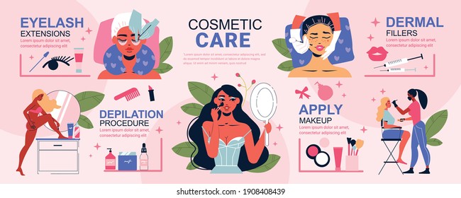 Cosmetology woman infographics with editable text captions and characters of girls applying makeup with various procedures vector illustration - Shutterstock ID 1908408439