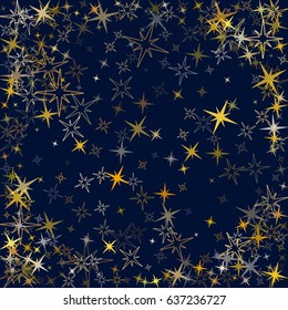 Cosmic abstract background with gold star elements frame. Decorative pattern on dark blue with golden vector starburst.  