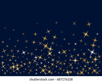 Cosmic abstract background with gold star elements falling down. Decorative pattern on dark blue with golden vector starburst. Glitter confetti, shining sparkles and stars design.